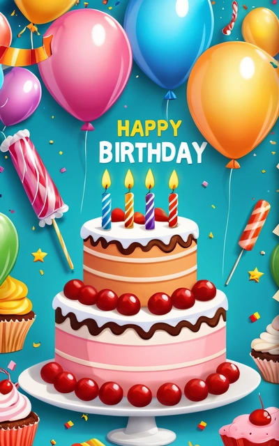 A Birthday cake with candles and balloons on a blue background with stars and confetti and streamers of streamers and streamers, plain background, a pastel, naive art