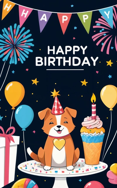 A dog sitting on a cake with a Birthday hat on it's head and balloons around it, with a Birthday card in the middle, plain background, a digital rendering, naive art