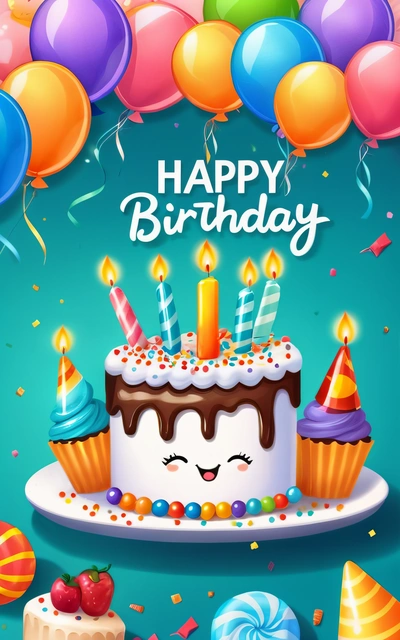 A Birthday cake with candles and balloons on a plate with a happy face on it and a bunch of balloons in the background with a happy Birthday message, happy, a pastel, naive art