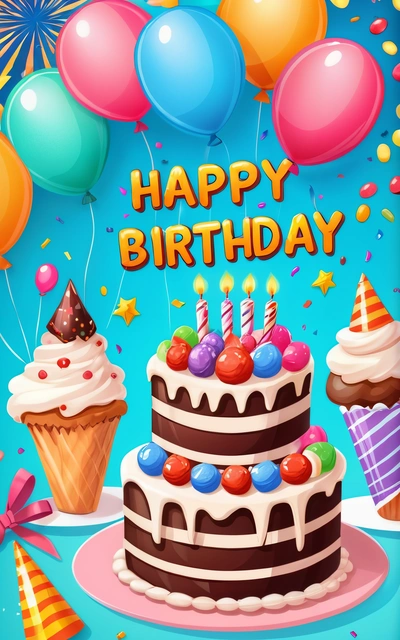 A Birthday card with a cake and cupcakes and balloons in the background with the words happy Birthday written on it and a bunch of balloons, plain background, a pastel, naive art