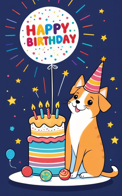 A dog sitting in front of a Birthday cake with a balloon on top of it and a Birthday cake with candles on it, and a balloon in the shape of a, plain background, a pastel, furry art