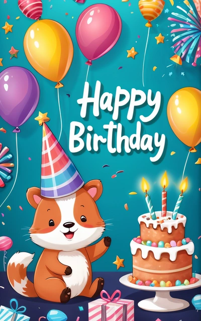 A Birthday card with a happy Birthday fox and a cake with candles and balloons on a blue background with stars and confetti and a gift box, plain background, a pastel, naive art