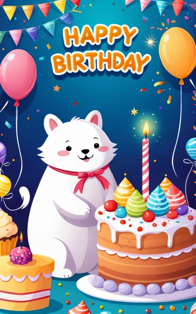 A white cat standing in front of a cake with candles and balloons on it, with a happy Birthday message in the background that says happy Birthday, behance hd, a screenshot, naive art