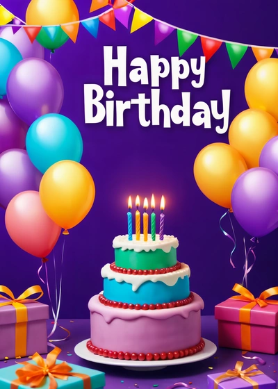 A Birthday cake with candles and balloons on a table with a purple background and a purple banner with a happy Birthday message on it and a purple background, purple, a pastel, american barbizon school