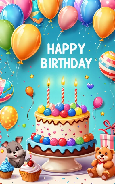 A Birthday card with a cake and balloons and a cat and a mouse sitting in front of it with a Birthday cake and balloons in the background, plain background, a pastel, naive art