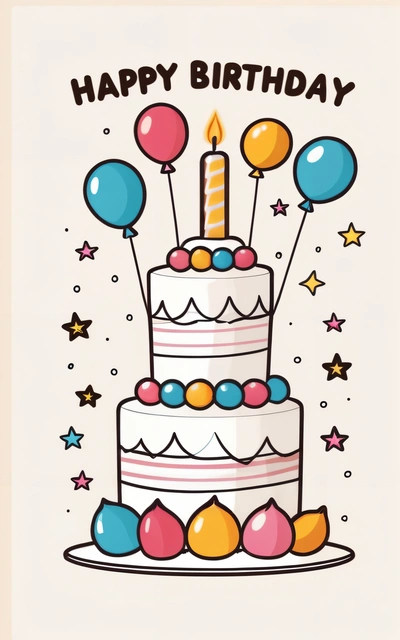 A Birthday card with a cake and balloons on it, with the words happy Birthday written on the top of the card and the words happy Birthday written in, plain background, a pastel, naive art