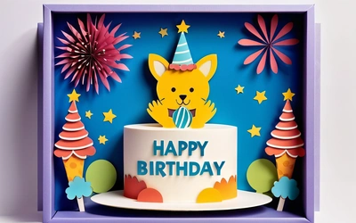 A Birthday cake with a dog on top of it in a box with fireworks and paper decorations on the side of the cake and a blue background, promotional image, a pastel, naive art