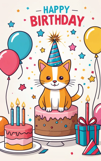 A cat sitting on top of a cake with candles and balloons around it, with a Birthday hat on top of it, and a Birthday cake with candles, happy, a pastel, furry art