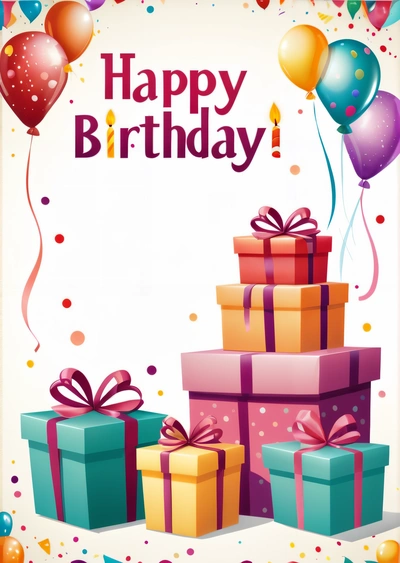 A Birthday card with presents and balloons on it, and a happy Birthday message in the middle of the card, with a balloon and a gift box, plain background, a pastel, international typographic style