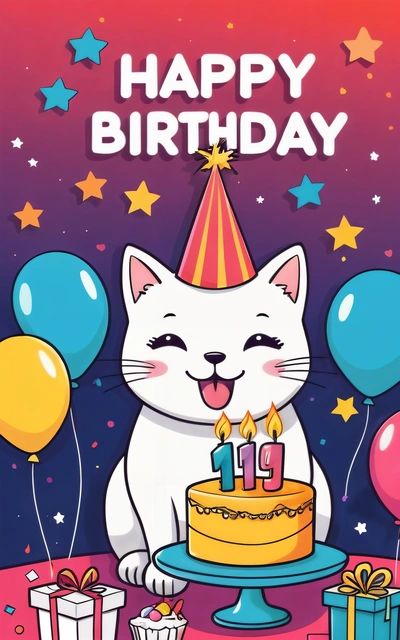 A cat with a Birthday hat and balloons on a table with a cake and presents on it, and a happy Birthday card with a cat, cute and funny, a pastel, computer art