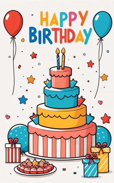 A Birthday cake with candles and presents on a table with balloons and stars around it and a happy Birthday card with a message that reads happy Birthday, plain background, a pastel, naive art