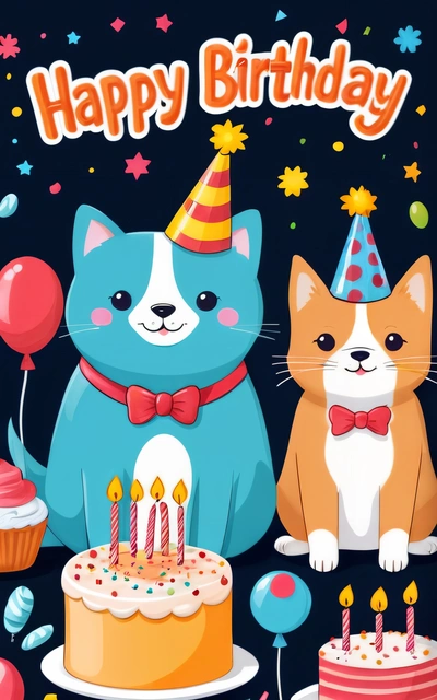 A Birthday card with two cats and a cake with candles and balloons on it, and a cat with a bow tie and a cat with a Birthday hat, highly detailed digital art, computer graphics, furry art