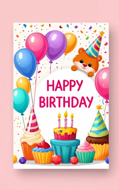 A Birthday card with a teddy bear and cupcakes and balloons on a pink background with a happy Birthday message below it that reads happy Birthday, colorful flat surreal design, a pastel, lyco art