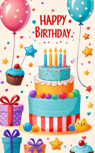 A Birthday card with a cake and balloons and presents on it, and a star and a balloon on the top of the card, and a Birthday cake with a, plain background, a pastel, naive art