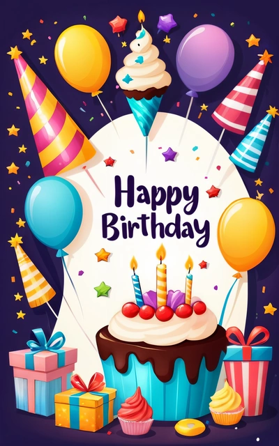 A Birthday card with a cupcake and balloons and presents on it, and a happy Birthday message in the middle of the card is a, plain background, a pastel, naive art