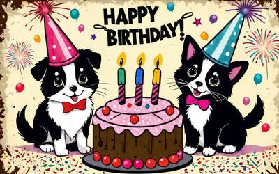 Two cats sitting next to a Birthday cake with candles on it and a happy Birthday card with a cat and a dog on it,, cute and funny, a digital rendering, naive art