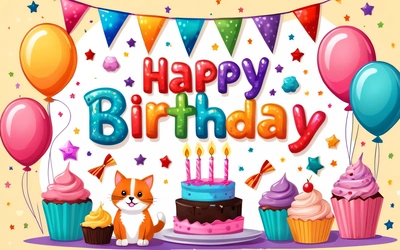 A Birthday card with a cat and cupcakes and balloons and streamers on a yellow background with a happy Birthday message in the center, plain background, a pastel, naive art
