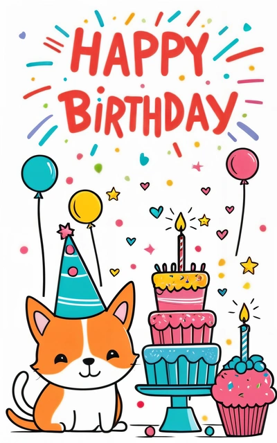 A Birthday card with a cat and a cake with candles and balloons on it, and a happy Birthday message in the middle of the card, plain background, a pastel, furry art