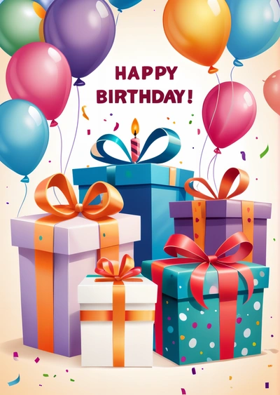 A Birthday card with presents and balloons and a candle on it with a happy Birthday message in the middle of the card is a gift box, plain background, a pastel, american barbizon school