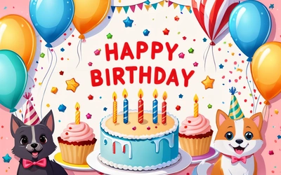 A Birthday card with a dog and a cat with a cake and balloons in the background and a happy Birthday message in the middle of the card, plain background, computer graphics, furry art
