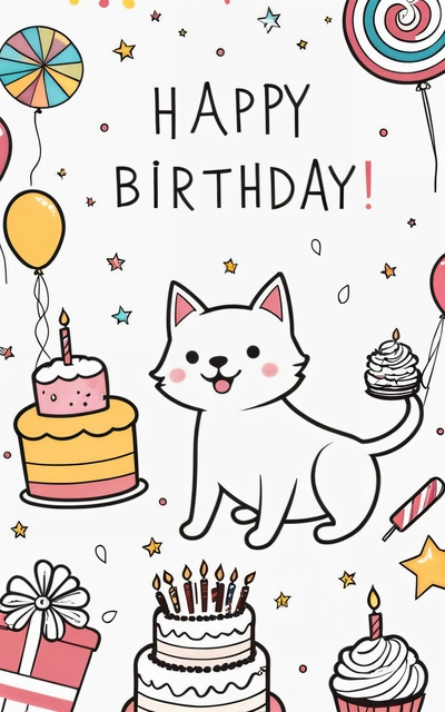 A Birthday card with a cat holding a cake and balloons and a lollipops on it's side, and a lollipop, plain background, a pastel, furry art