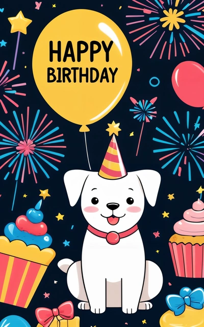 A dog with a Birthday hat and cupcakes on a black background with fireworks and stars around it, with a happy Birthday balloon, plain background, a pastel, naive art