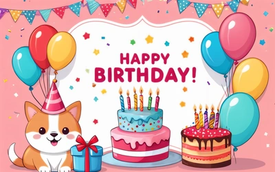 A Birthday card with a cat and a cake with candles and balloons on it and a gift box with a bow and a Birthday card, plain background, a pastel, naive art