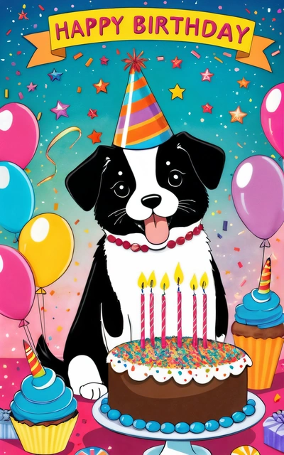 A dog with a Birthday cake and balloons on a table with a banner that says happy Birthday to you, and a cupcake with candles, highly detailed digital art, a pastel, naive art