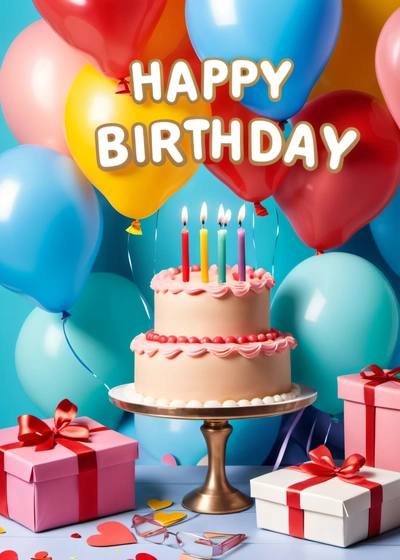 A Birthday cake with candles and balloons in the background with a happy Birthday message on it and a gift box with a bow on the table, plain background, a pastel, american barbizon school