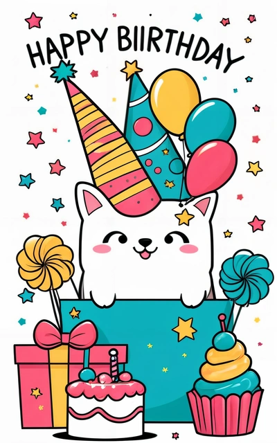 A Birthday card with a cat and presents on it, and a happy Birthday message in the middle of the card is a Birthday cake, plain background, a pastel, furry art