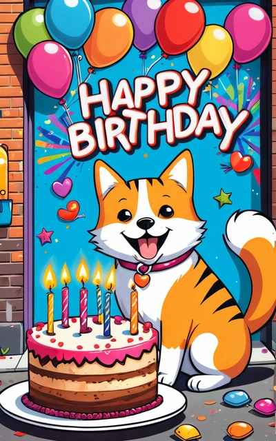 A cat sitting in front of a Birthday cake with candles on it and balloons in the background with a happy Birthday message written on it, highly detailed digital art, a comic book panel, furry art