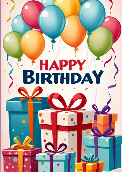 A Birthday card with presents and balloons on it, and a happy Birthday message in the middle of the card, with a balloon and a gift box, plain background, a pastel, american barbizon school