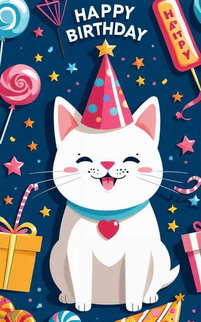 A white cat wearing a party hat and a Birthday card with a happy Birthday message on it's front and a gift box in the background, plain background, a character portrait, furry art