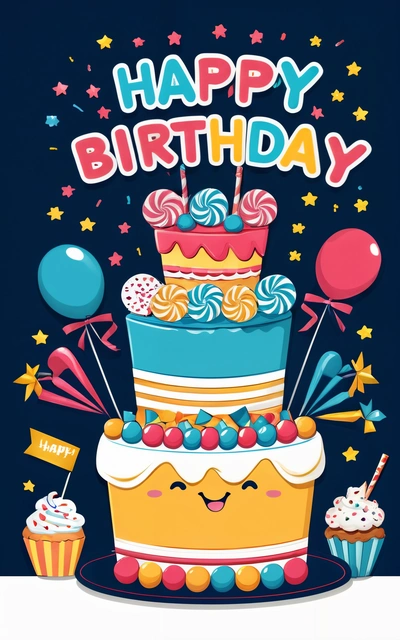 A Birthday card with a cake and balloons on it, and the words happy Birthday written in the middle of the card, and a smiley face with a, plain background, a pastel, international typographic style