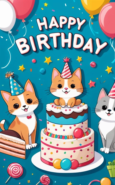 A Birthday card with two cats and a cake with balloons and confetti on it, and a happy Birthday message in the middle, plain background, a pastel, furry art