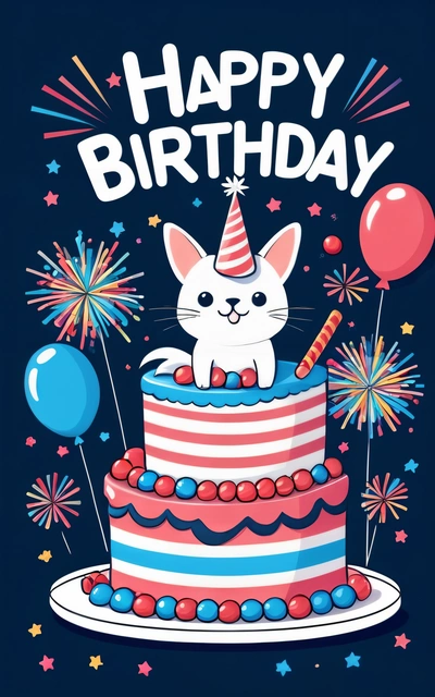 A Birthday card with a cat sitting on top of a cake with balloons and stars on it, and the words happy Birthday written in a, plain background, a pastel, furry art