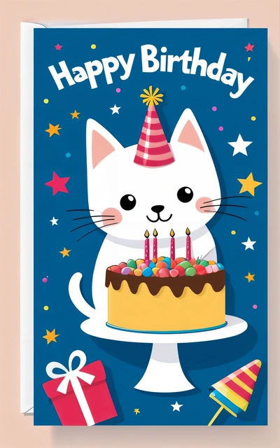 A Birthday card with a cat holding a cake with candles on it and a gift box in the background with a star on top of it, offset printing technique, a pastel, naive art