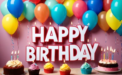 A Birthday card with cupcakes and balloons on a table with a pink background and a happy Birthday message in the center of the card, plain background, a pastel, international typographic style