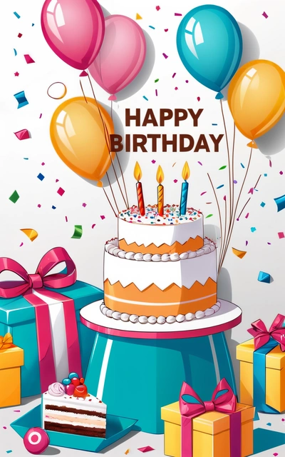 A Birthday cake with balloons and presents on a table with confetti and streamers around it and a happy Birthday message on the top, plain background, a pastel, international typographic style