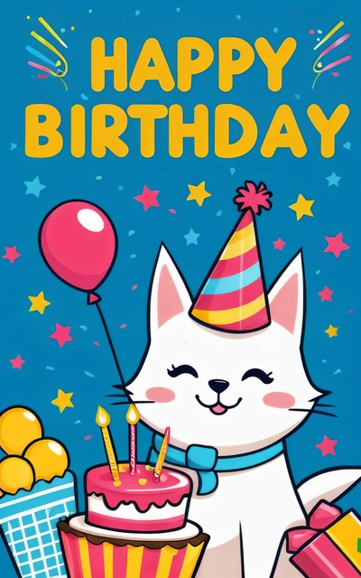 A Birthday card with a cat holding a cake and a balloon in the background with stars and confetti on it, and a blue background with yellow and yellow stars, plain background, a pastel, furry art