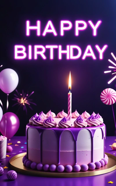 A Birthday cake with a candle and balloons in the background with the words happy Birthday written on it and a purple background with confetti, purple, a pastel, dau-al-set