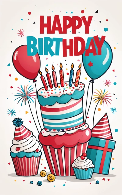 A Birthday card with a cake and balloons on it, and a gift box in the background with confetti and balloons on it, plain background, a pastel, international typographic style