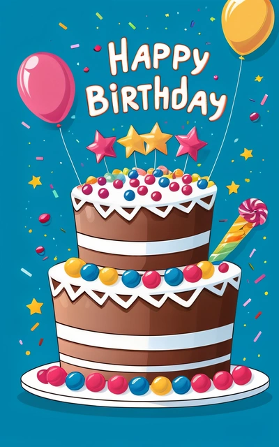 A Birthday cake with candles and balloons on a blue background with a happy Birthday message in the middle of the image is a star and a balloon, plain background, a pastel, naive art