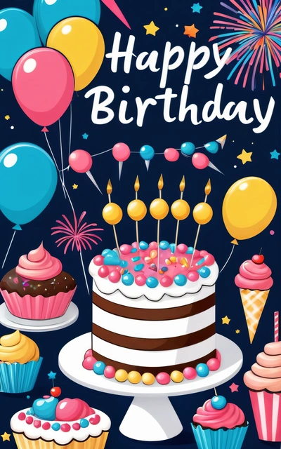 A Birthday card with a cake and cupcakes on it with balloons and stars in the background and a blue sky with stars and clouds, plain background, a pastel, naive art