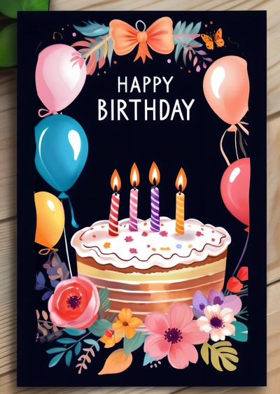 A Birthday card with a cake and balloons on it with a happy Birthday message on it and a bunch of balloons in the background with a bow, offset printing technique, vector art, computer art