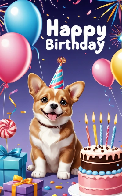 A dog sitting in front of a Birthday cake with candles and balloons on it's side, with a happy Birthday message in the middle, cute and funny, a screenshot, furry art