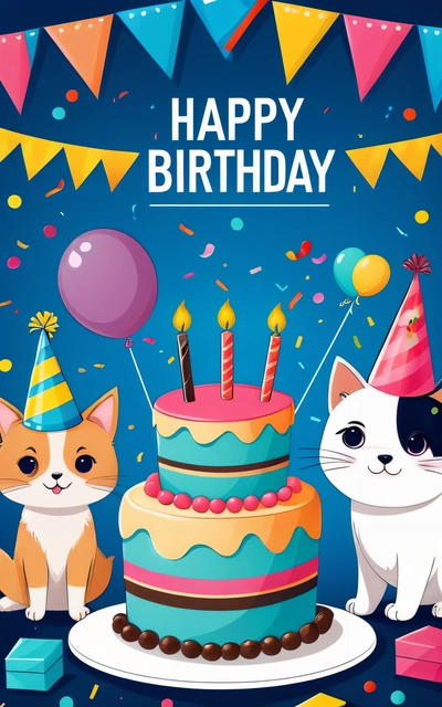 A Birthday card with two cats and a cake with candles and balloons on it, and a banner with a happy Birthday message in the middle, plain background, computer graphics, furry art