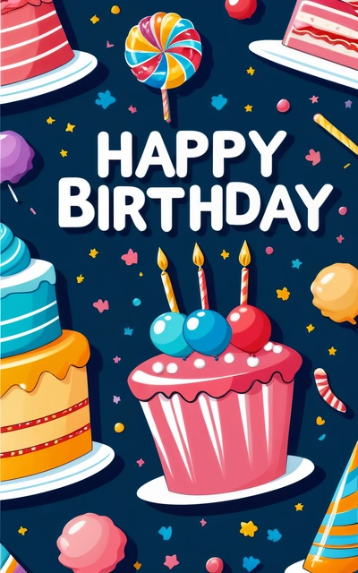 A Birthday card with a cupcake and lollipops on it and a happy Birthday message in the middle of the card is a blue background, plain background, a pastel, international typographic style