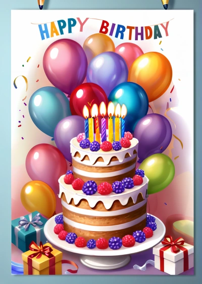 A Birthday card with a cake and balloons on it and a gift box in front of it with a happy Birthday message on it and a blue background, plain background, a pastel, net art