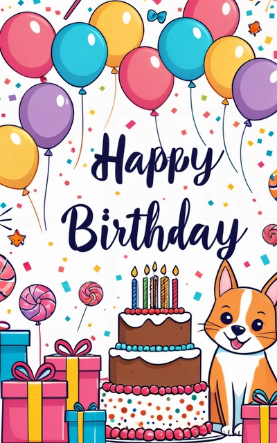 A Birthday card with a cat and presents and balloons and a cake with candles and a cat sitting in front of it with a Birthday cake and balloons, plain background, a digital rendering, naive art